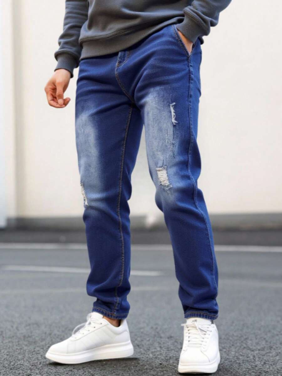 Jeans rectos rotos y ajustados casuales para hombre, estilo simple, cómodos y de moda, adecuados para viajes diarios y deportes al aire libre. - Azul - Ver 1