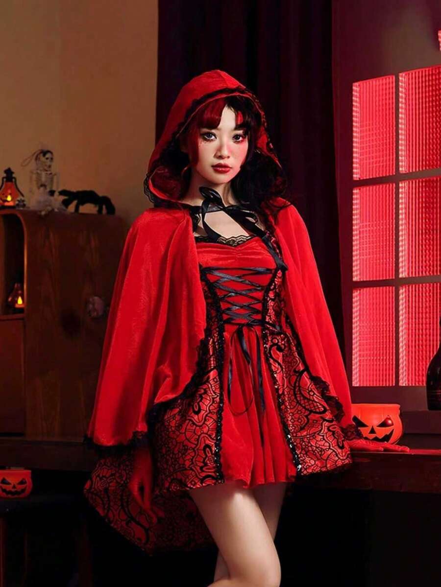 1 chiếc khăn choàng hóa trang Halloween dành cho nữ, áo choàng trùm đầu thêu ren hình cô bé quàng khăn đỏ, tiệc Giáng sinh Carnival, đạo cụ biểu diễn lễ hội