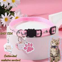 Customized Cat Dog Collar With Free Metal Paw Print Charm - Engraved Name Tag, Cute Kitten Print Adjustable Pet Collar With Bell, Bling Diamond ID Tag Gift For Pet Lovers, Durable Polyester Safety Collar, Anti-Loss Reflective Gear, Playful Animal Design, Easy-Clean Material With Custom Pet Info Engraving - Multicolor - View 12