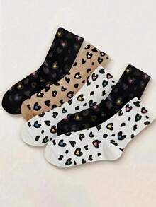 9 Pairs Women Leopard Print & Heart Pattern Mid-Calf Socks, Fashionable Minimalist Unique Retro Street Style Design, Suitable For Casual Outfits - Multicolor - View 6