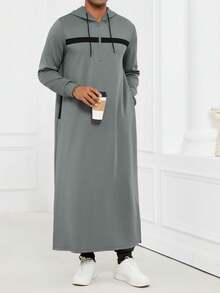 Cárdigan con capucha larga de estilo islámico árabe para hombres, con bolsillos, Kamis Thobe, ropa musulmana para hombres, bata larga con capucha con cordón y cremallera en la parte superior, aberturas laterales en el bajo - Gris Oscuro - Ver 3