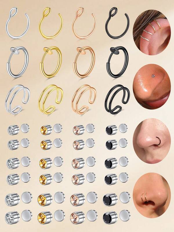 6pcs Funky Stainless Steel Cubic Zirconia Nose Cuff For Women Men For Daily Decoration, Fake Piercing Earrings Clip On Ear Fake Nose Rings Non Piercing Ear Jewelry Fake Ear Piercing Fake Earrings Studs