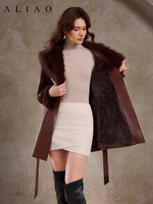 Aliao 束腰仿毛领皮革拼接保暖外套，冬季大衣，女士冬季服装，优雅连衣裙，婚礼季必备，适合正式晚宴、家庭聚会、返校活动，宫廷风格 - 棕色 - 查看 6