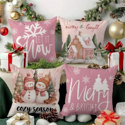 4pcs Christmas Pink Snowman Candy House Pillow Case Set, Single-Sided Printed Soft Peach Velvet Material, 45*45/50*50/40*40CM Cushion Cover Suitable For Room Decor, Indoor Sofa Living Room Decor, Party Decor, Decorative Pillow Gift
