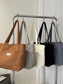 Túi Tote Vải Nhung Màu Trơn Thời Trang Cá Tính Phong Cách Hàn Quốc Mới, Dung Tích Lớn, Đơn Giản, Phong Cách Retro, Túi Tote Đeo Vai Đi Làm Mùa Đông, Dung Tích Lớn Cho Nữ, Túi Bento, Túi Mua Sắm Dung Tích Lớn - Màu xanh lam - Xem 3