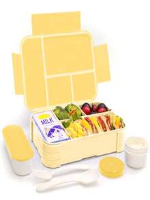 1 pièce Boîte à lunch portable avec ustensiles, tasse à salade, design carré pour micro-ondes - Grande boîte à lunch Bento 4 compartiments pour l'école, le bureau, les voyages, le camping, les pique-niques en plein air, le rangement de cuisine, convient aux filles et aux garçons, disponible en bleu, gris, jaune