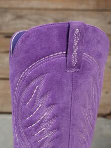 Women's New Fashion Solid Color Embroidered Slip-On High Heel Boots, - Purple - View 7