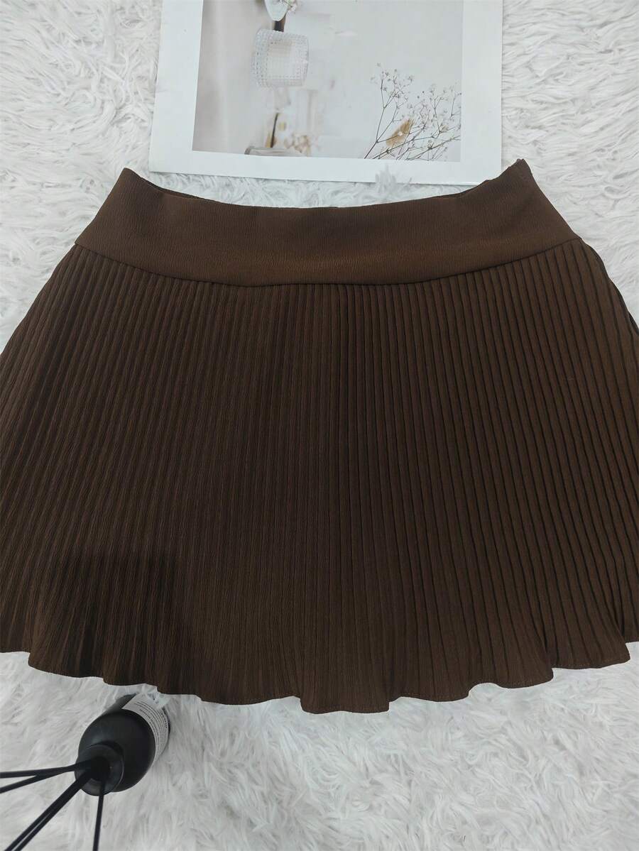 Women's Solid Color Pleated Short Skirt - Pleated Brown - View 1