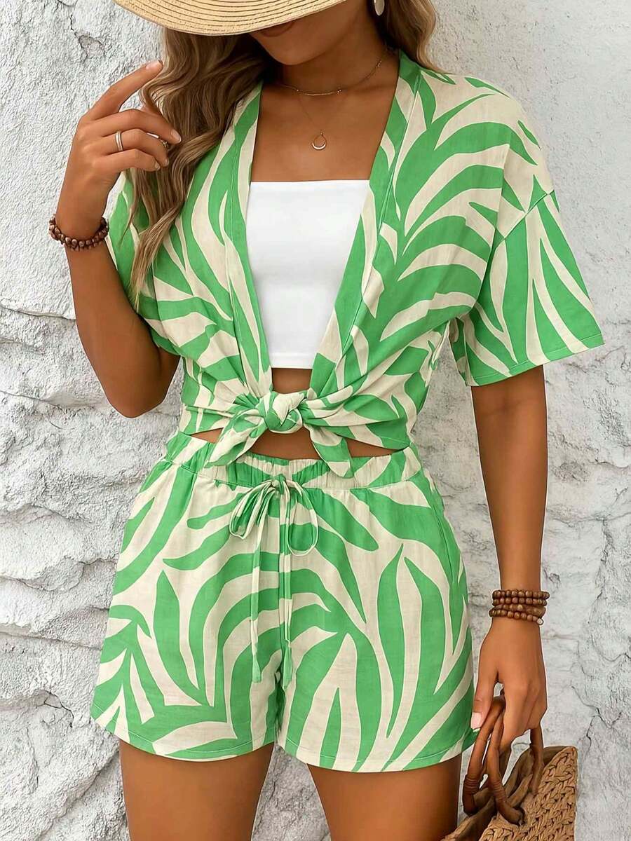All-Over Print Drop Shoulder Kimonos & Tie Front Shorts M L XL - Green - View 1