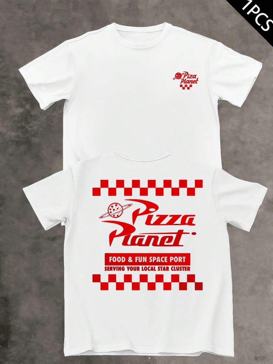 Pizza Planet Graphic T-Shirt, Men's Double-Sided Print T-Shirt, Fashion Casual Crew Neck, 220gsm Cotton (1 Piece) - trắng - Xem 1