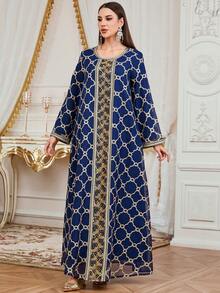 女士穆斯林长袍连衣裙，长袖土耳其时尚刺绣串珠饰边长袍，优雅奢华的阿拉伯长袍 - 藏蓝色 - 查看 6