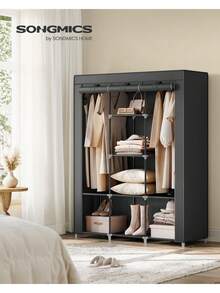 Portable 51. 2-Inch Large Capacity 3-Tier Non-Woven Fabric Closet Organizer With Hanging Rods And Shelves, Black, For Bedroom And Living Room