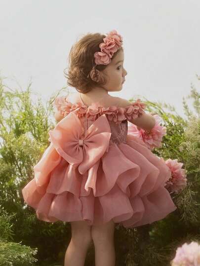 女婴3D花朵蝴蝶结薄纱公主派对礼服，适合一周岁生日、派对、婚礼、正式场合