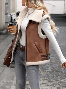 Women's Solid Color Suede Vest With Pockets And Lapel Collar, Autumn/Winter - Coffee Brown - View 1
