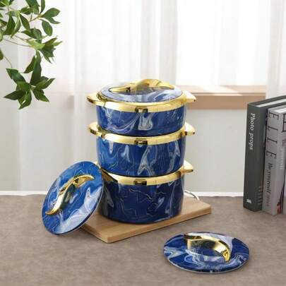 3pcs, Golden Touch Food Warmer, Thermal Casserole Dish Set With Lids, Insulated Stainless Steel Container For Hot & Cold Food, Serving Bowl For Buffets, Hot Pot Sets Food Warmer, Hot Pot Food Warmer Set, Tableware Casseroles Set, For Office