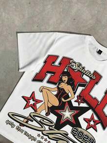 1PCS Summer Tops, Y2K Swag Tee, Retro Pin-Up H0ll Of A Tee - Double-Sided Graphic Streetwear American Vintage Street Style Lovers, Spring/Summer/Fall Men Clothes, Regular Fit Shirt, & Halloween & Thanksgiving Day & Valentine's Day & & Father's Day & Easter & Mother's Day & New Year & Spring Festival, Men's Round Neck Printed Short Sleeve Casual Everyday-Shirt, They Are Excellent Gifts Friends And Family,% Cotton-Shirts Feature, A Youthful And Fashionable Design, Graphic Tees Men, Graphic Tees Women, Cachorro Feliz, Back To School - 白色 - 查看 5