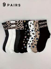 9 Pairs Women Leopard Print & Heart Pattern Mid-Calf Socks, Fashionable Minimalist Unique Retro Street Style Design, Suitable For Casual Outfits - Multicolor - View 2