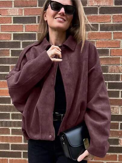 Women's Bomber Jacket, Spring Coat, Loose Long Sleeve Zipper Retro Jacket, New Style Jacket, Green Outerwear