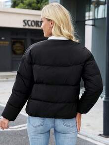 Women's Winter Solid Color Double-Breasted Jacket, Fashionable Short Quilted Coat, Winter Casual Round Neck Overcoat, With Pockets, Winter Clothing