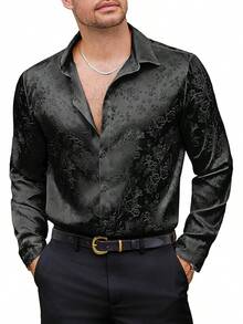 Mens Satin Dress Shirts Long Sleeve Silk Shirt Shiny Luxury Button Up Floral Shirt Party Prom Wedding Shirtshalloween - 黑色 - 查看 1