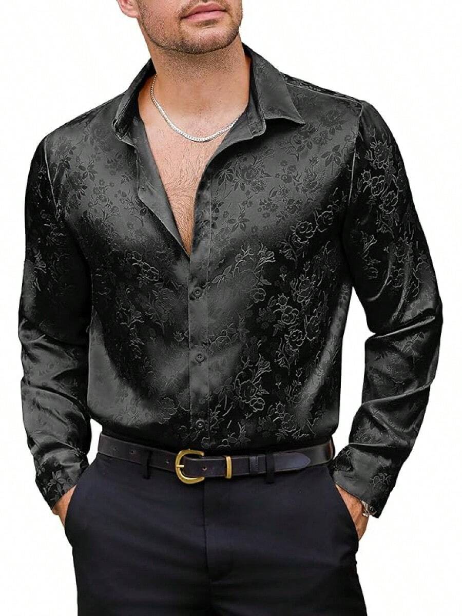 Mens Satin Dress Shirts Long Sleeve Silk Shirt Shiny Luxury Button Up Floral Shirt Party Prom Wedding Shirtshalloween - 黑色 - 查看 1