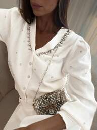 Fall Winter New Elegant High-End Chic Sweater For Women Long Sleeve V-Neck White Cardigan, Front Button Rhinestone Rib-Knit Knitted Top,Comfortable Casual Autumn/Winter Clothes For Going Out, Night Out, Parties, Date Night, Country, Homecoming, Casual, Holiday Vacation, Christmas New Year Outfits