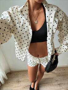 GLOpass Retro Fashion Casual Commuter Polka Dot Print Utility Boxy Stand Collar Jacket - Apricot - View 10