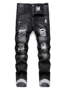 Two-Pack Men's Ripped Jeans Stretch Ripped Jeans For Men Comfort Flex Slim Fit Jeans Designer Fashion Pants For Men,Street Style - Black+Blue - View 4