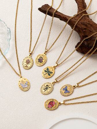 1pc Fashionable Retro Oval Inlaid Zirconium Heart-Shaped Rose Butterfly Swan Dragonfly Pomegranate Snake Stainless Steel Gold Pendant Necklace, Electroplated With 18k Gold, Showcasing Personal Charm, Suitable For Women's Daily Wear, Social And Banquet Attire, As A Talisman Necklace To Wear, Music Festivals. Women's Jewelry.