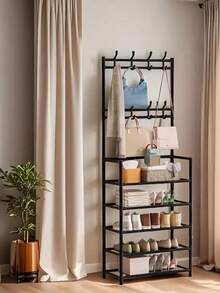 1pc Household Assembled Space-Saving 4-Tier/5-Tier Metal Clothes Hanger & Shoe Rack - Sturdy, Durable Multi-Function With 8 Hooks And Shelves, Suitable For Entryway, Bedroom, Bathroom - Easy To Assemble - Multicolor - View 7