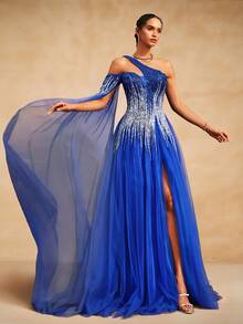 VIPGIRL Blue Sequin Patchwork Elegant Design Sheer Mesh Long Evening Dress, Graceful - Blue - View 7
