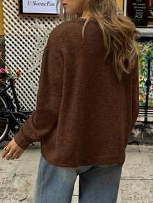 FOR BEAUTY Solid Color Cardigan, Fashionable Elegant Minimalist Casual Style, Long Sleeve Knit Top Suitable For All Seasons - Chocolate - View 8