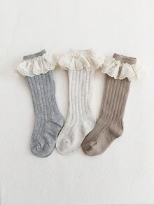 3 Pairs Kids Simple Lace Solid Color Knee-High Socks, Sweet & Cute Pastoral Style, Suitable For Daily Life - Multicolor - View 11