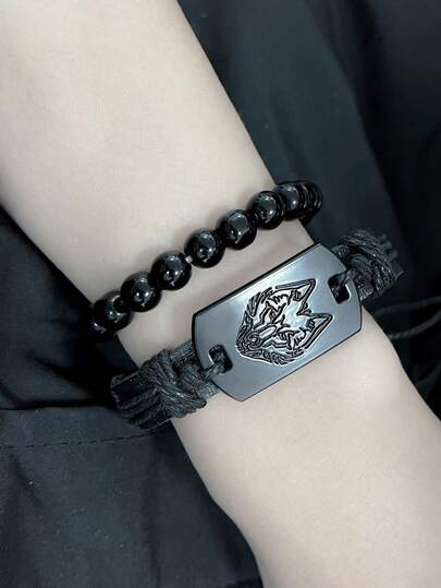 一套创意朋克风狼头编织手链装饰配件及玛瑙珠时尚手链，男孩礼物