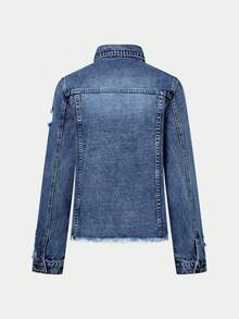 Women's Denim Jacket With Long Sleeves And Buttoned Distressed Denim Jacket - Medium Wash - View 4