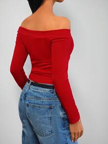 Blusa de manga larga ajustada con hombros descubiertos y acanalada, casual para primavera/verano estilo Y2K para mujer - Rojo - Ver 3
