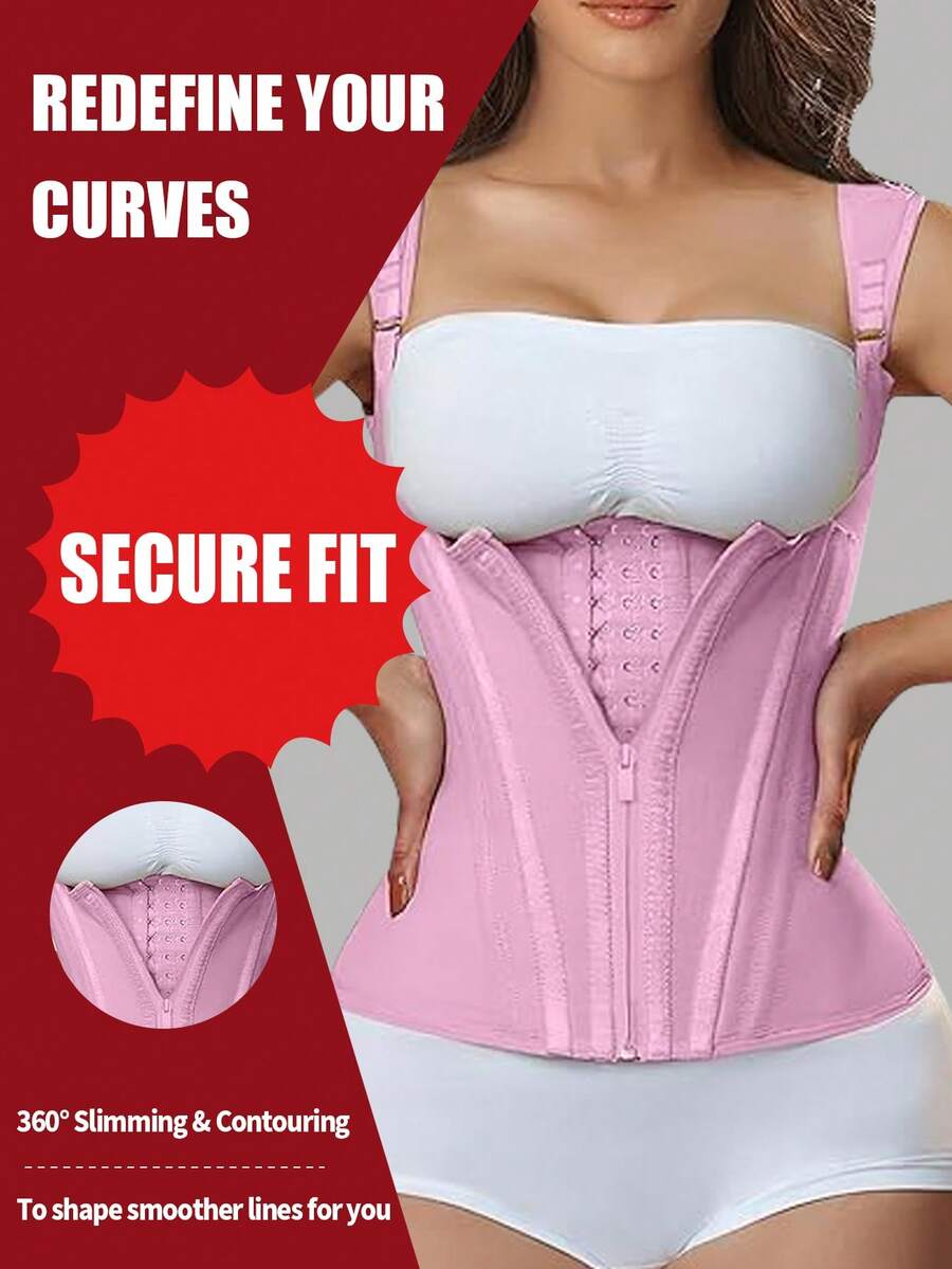 Women Double Compression Waist Trainer Corset Adjustable Straps Steel Bone Support,Zipper Hook Flat Belly Body Shaper Belt - Hồng - Xem 1