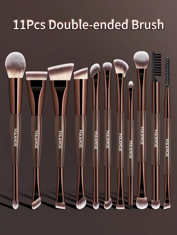 MAANGE 11件/16件套专业双头铝制面部化妆刷套装，包含散粉刷、腮红刷、遮瑕刷、高光刷、晕染刷、粉底刷、轮廓刷、晕染刷、眼影刷、眼线刷、眉刷、睫毛刷，轻松打造精致妆容，多功能超柔软化妆刷套装