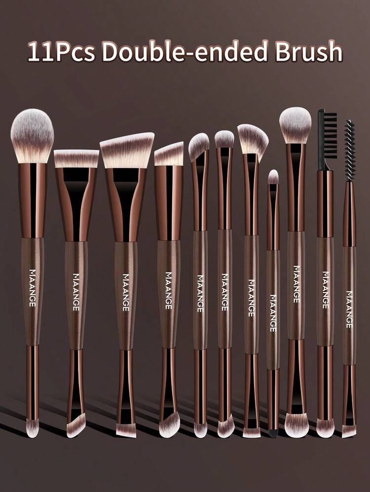 MAANGE 11件/16件套专业双头铝制面部化妆刷套装，包含散粉刷、腮红刷、遮瑕刷、高光刷、晕染刷、粉底刷、轮廓刷、晕染刷、眼影刷、眼线刷、眉刷、睫毛刷，轻松打造精致妆容，多功能超柔软化妆刷套装 - 咖啡棕 - 查看 1
