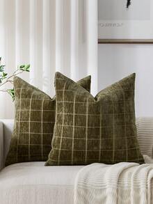 1 Peça Capa de Almofada Verde Oliva (Apenas a Capa, Sem Enchimento) Vintage Luxuosa e Macia de Chenille de Alta Densidade Xadrez, Capa de Almofada Decorativa Moderna e Boho para Sofá, Cama, Quarto, Feriado, Decoração de Festa, Decoração de Ambiente, Outono/Inverno, Presente, Todas as Estações - Verde Oliva - Visão 2