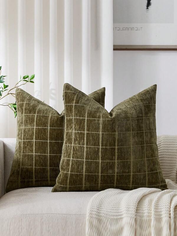 1 pieza Funda de almohada verde oliva (solo funda, sin relleno) Funda de almohada de chenilla de alta densidad vintage, lujosa y suave con estampado a cuadros, decorativa moderna y bohemia para sofá, cama, dormitorio, vacaciones, decoración de fiestas, decoración de habitaciones, decoración de otoño/invierno, regalo, para todas las estaciones
