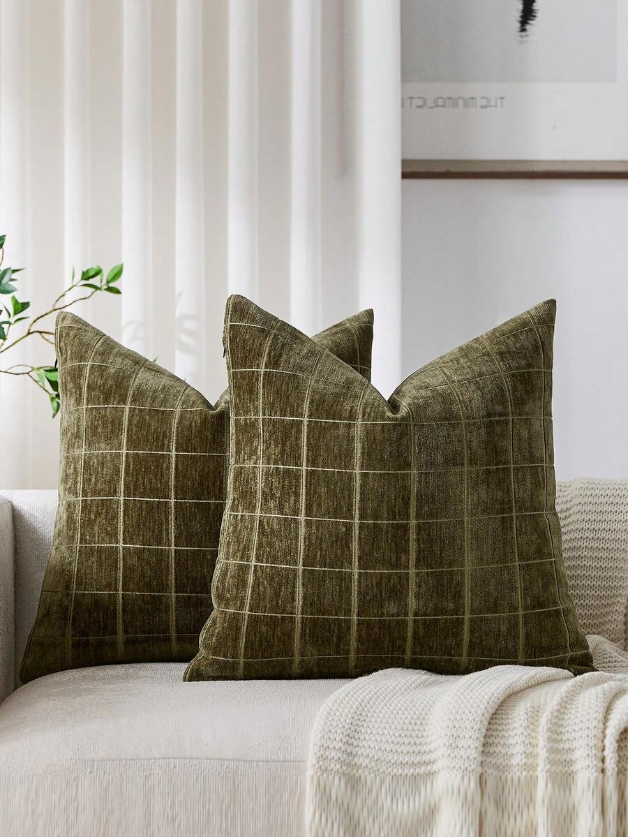 1 Peça Capa de Almofada Verde Oliva (Apenas a Capa, Sem Enchimento) Vintage Luxuosa e Macia de Chenille de Alta Densidade Xadrez, Capa de Almofada Decorativa Moderna e Boho para Sofá, Cama, Quarto, Feriado, Decoração de Festa, Decoração de Ambiente, Outono/Inverno, Presente, Todas as Estações