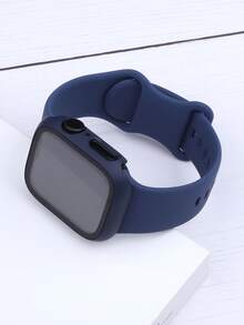 適用於 錶帶與錶殼 40mm 41mm 42mm 44mm 45mm 46mm 49mm，運動休閒款，柔軟舒適矽膠錶帶，防摔防刮 PC 與強化玻璃 2 合 1 錶殼，相容 Series Ultra/11/10/9/8/7/6/5/4/SE，男女適用，日常休閒運動智慧手錶錶帶與錶殼 - 午夜藍 - 查看 3