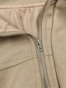 Chaqueta bomber suelta de manga larga de unicolor de felpa para mujer, estilo casual de moda para primavera/otoño - Caqui - Ver 6