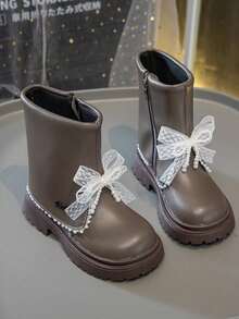 2025 Autumn New Teen Teen's Fashion Mid-Calf Leather Boots, Korean Style Bow Princess Short Boots, Teen Shoes