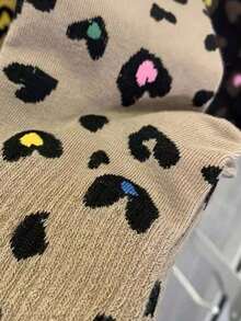9 Pairs Women Leopard Print & Heart Pattern Mid-Calf Socks, Fashionable Minimalist Unique Retro Street Style Design, Suitable For Casual Outfits - Multicolor - View 4