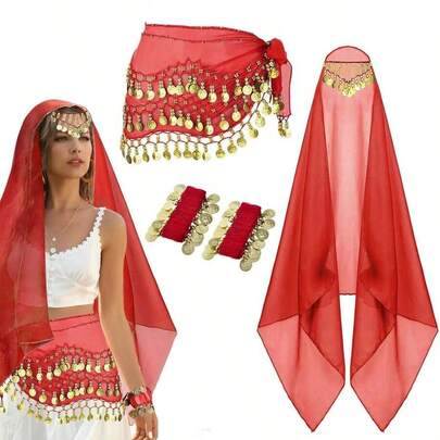 4 pezzi Set da Danza del Ventre, Sciarpa da Anca in Chiffon per Danza del Ventre, Bandana, Bracciale da Polso, Accessori da Danza con Monete d'Oro
