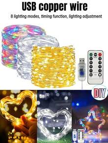 USB Copper Wire Light String -8 Modes, USB Power Supply With Remote Control, String Light Decoration, Suitable For Weddings, Christmas, Bedrooms, Birthdays, Home Decoration -50/100/200/300 LED (Warm White/White/Color)