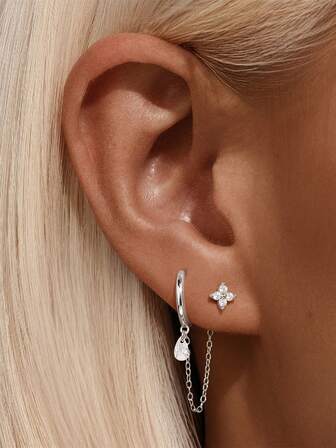 EleRunis 1 pezzo Orecchino a perno in argento sterling 925 con impostazione a griffe e nappa lunga, per piercing al cartilagine e elice, gioiello da donna per uso quotidiano, matrimonio, festa, fidanzamento, anniversario, San Valentino