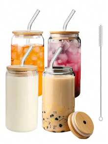 4/6pcs, 500ml/16.8oz Glass Cups, Transparent Glass Coffee Cups, Iced Coffee Cups, With Lids, Straws, Straw Brushes, Reusable, Suitable For Coffee, Milk Tea, Juice, Suitable For Various Scenarios Such As Restaurants, Bars, Commercial Use, Etc - 4個杯子+4個蓋子+4個吸管+4個吸管刷 - 查看 1